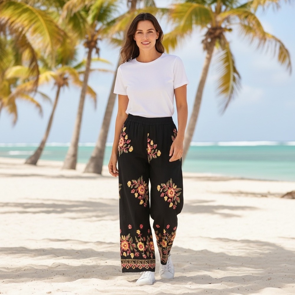 LIV LOS ANGELES Floral Embroidered Wide Leg Pants Black Rayon Size PXL 4208P